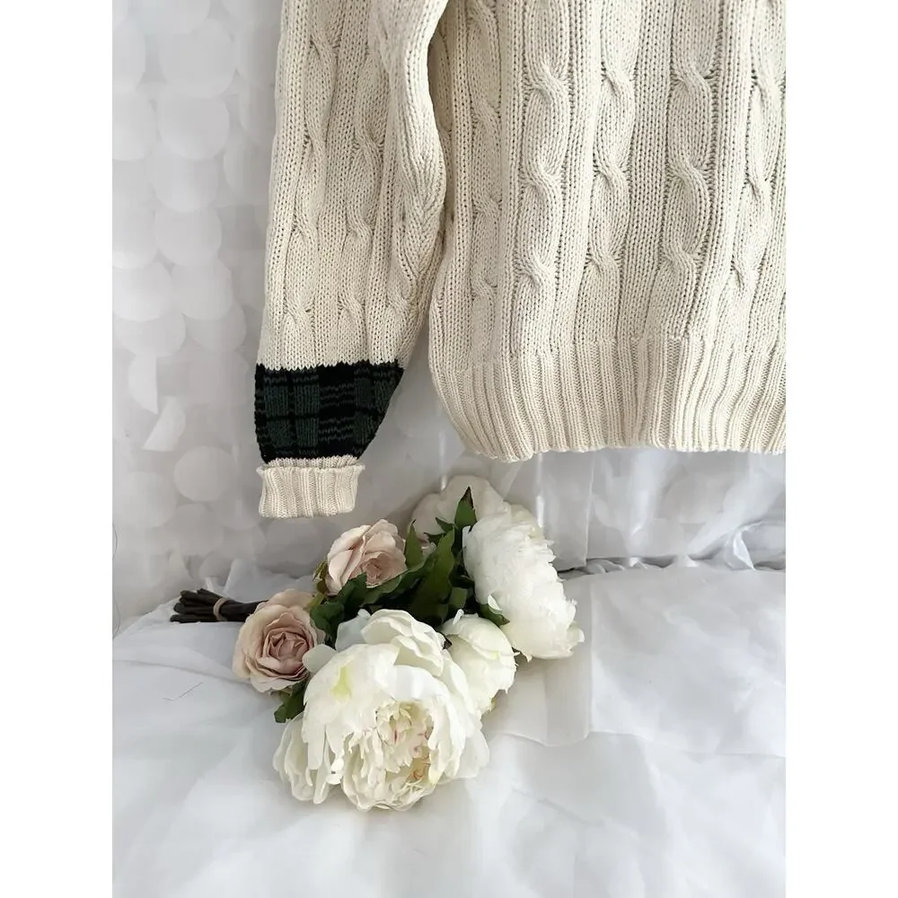 VTG Ralph Lauren CHAPS Large HANDFRAME Cream V Neck Cable Knit Sweater Preppy